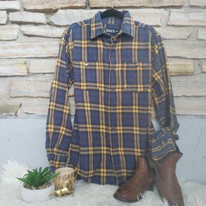 Retro Dakota Blue Yellow Plaid Flannen Snap Button Long Sleeve Shirt